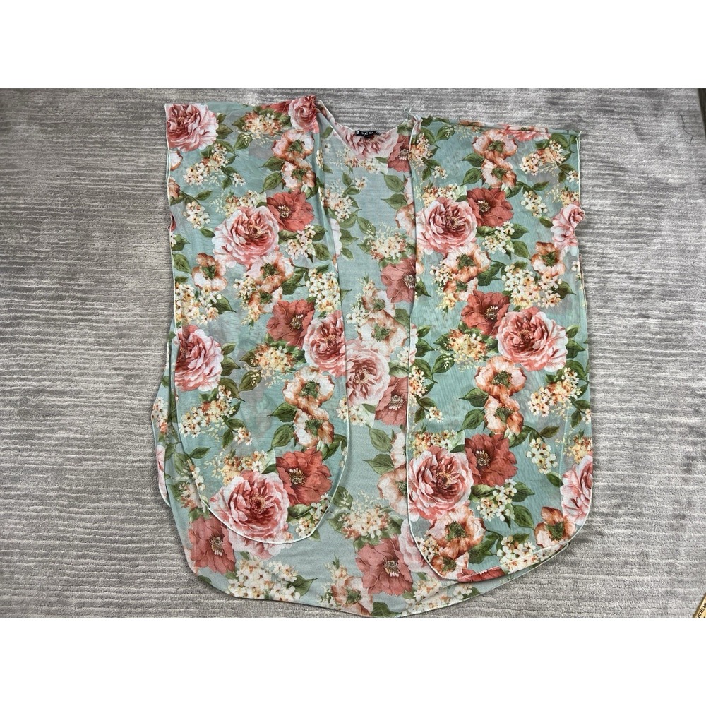 Try ! This Top Womens Medium Multicolor Floral Open‎ Front Short Sleeve Sheer